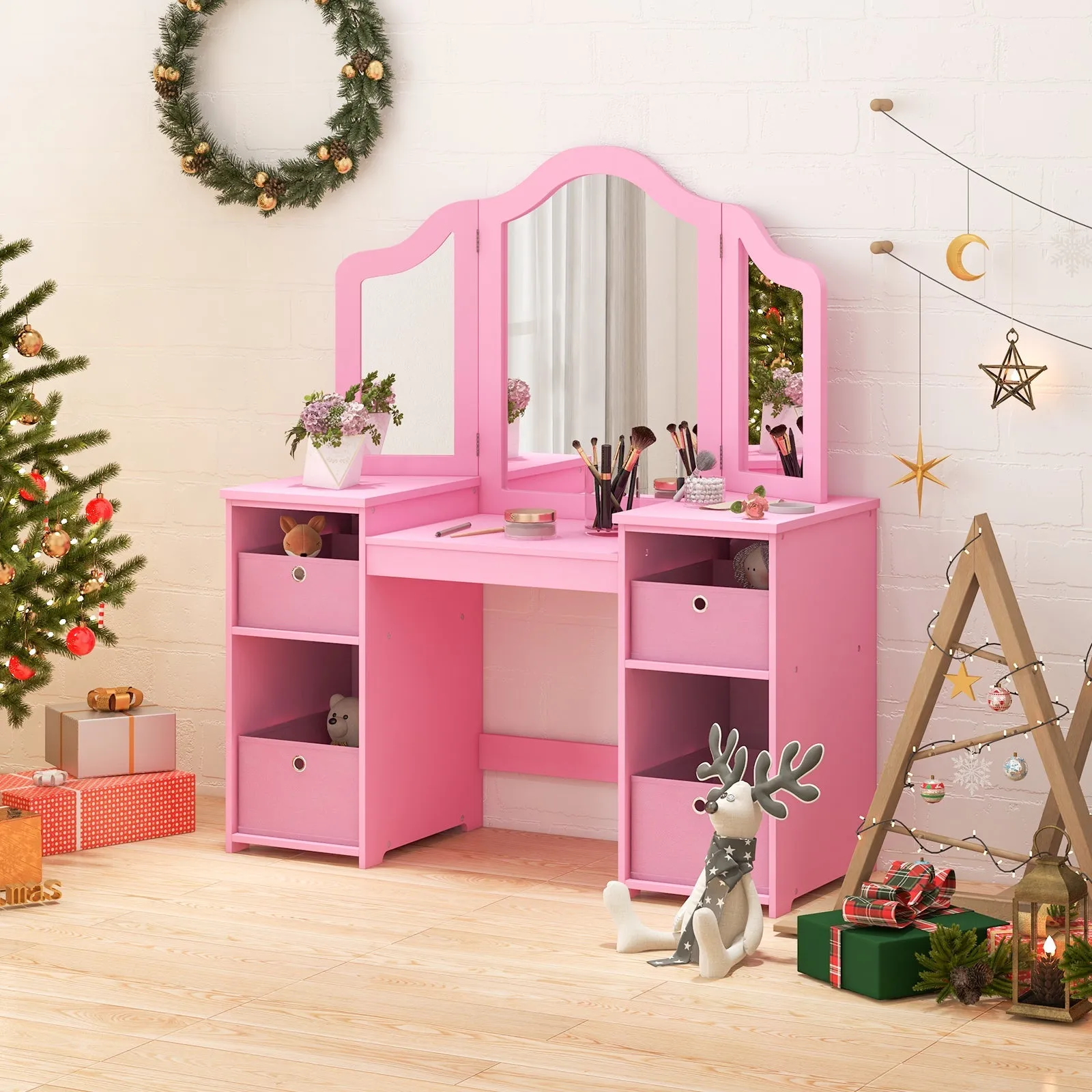 2-in-1 Princess Makeup Vanity Desk with Removable Mirrors-Pink