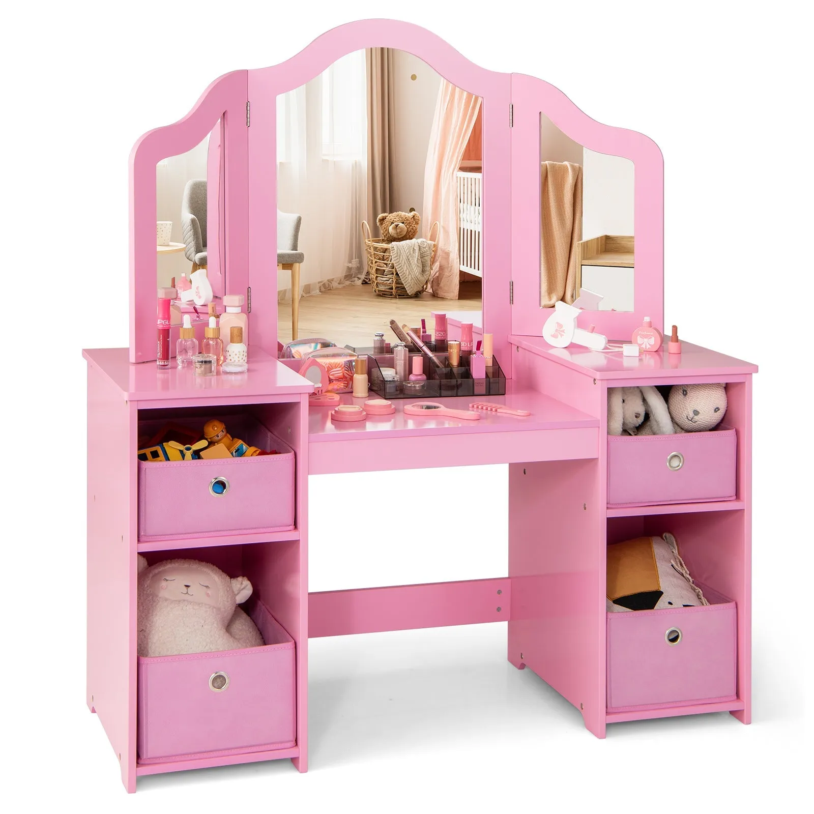 2-in-1 Princess Makeup Vanity Desk with Removable Mirrors-Pink