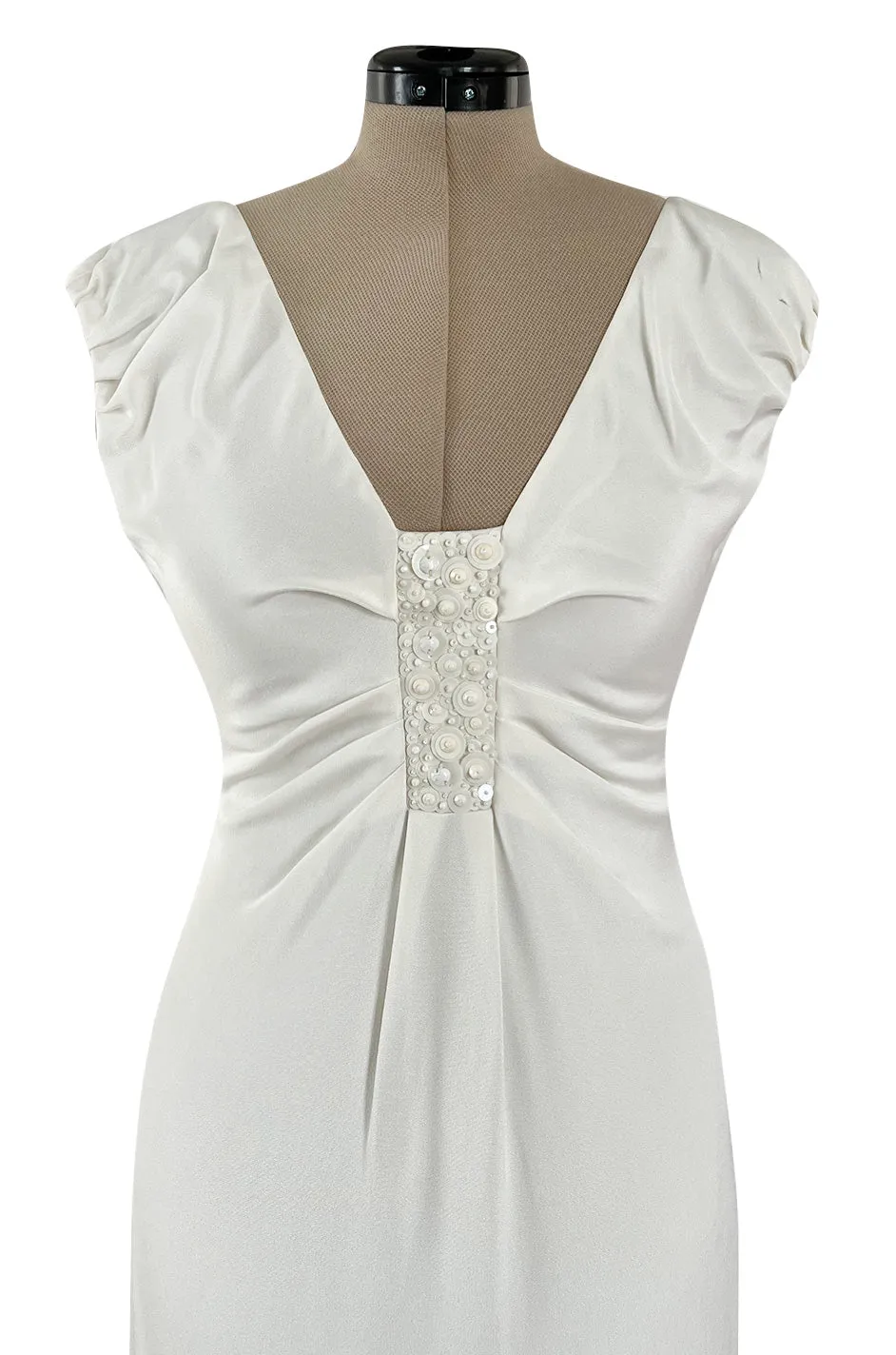 2000s Valentino Roma Off White Super Model Long Dress w Bead & Sequin Detailing