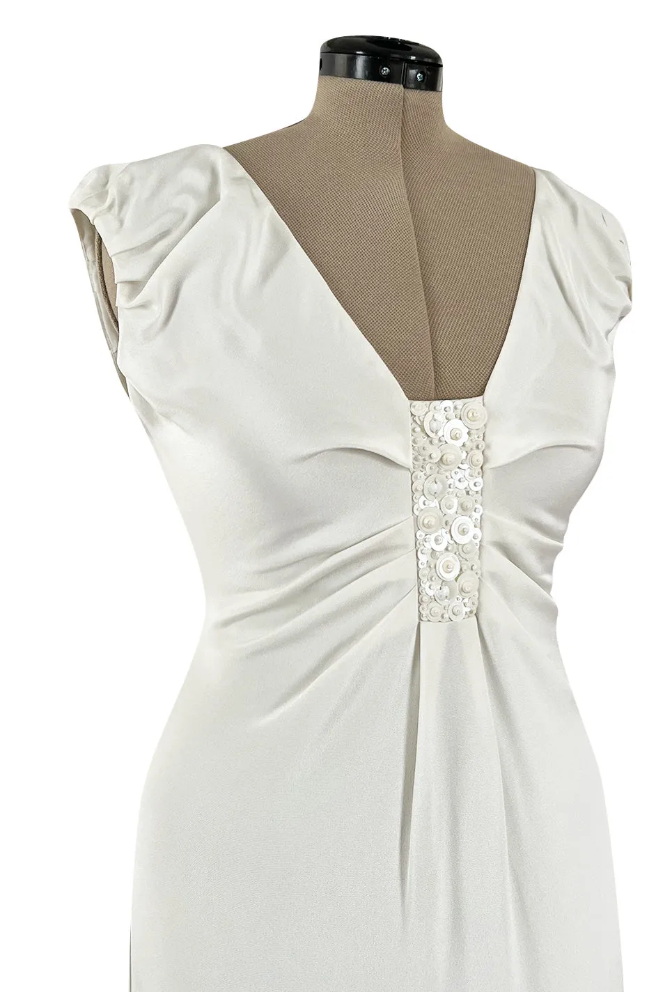 2000s Valentino Roma Off White Super Model Long Dress w Bead & Sequin Detailing