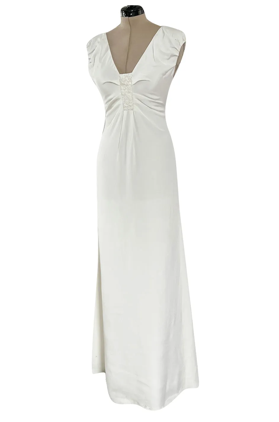 2000s Valentino Roma Off White Super Model Long Dress w Bead & Sequin Detailing