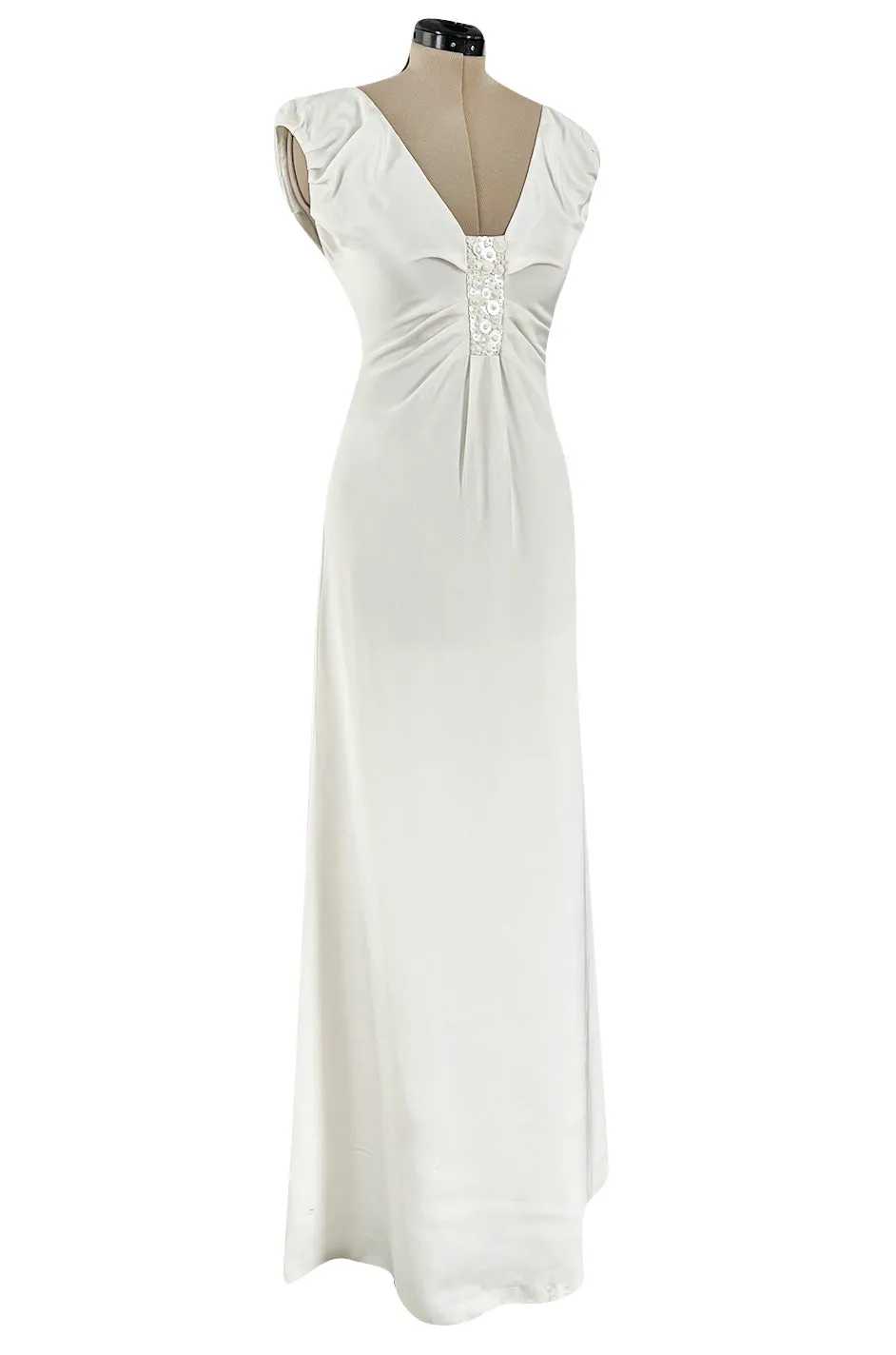 2000s Valentino Roma Off White Super Model Long Dress w Bead & Sequin Detailing
