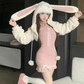 Aiertu - Sugar and Snow Bunnies Dress with Optional Hoodie Sweater Top Set Kawaii Academia Y2K Cottagecore Coquette Fairycore Dollette Princesscore
