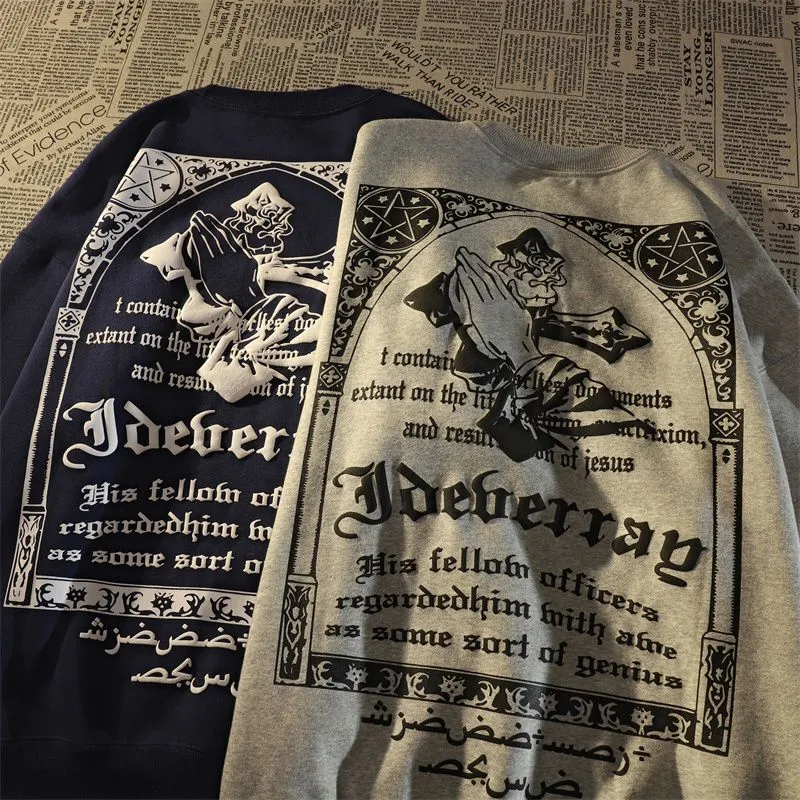 American street O-neck shirt for men's spring autumn loose grunge hip-hop big velvet thick coat high street unisex sweatshirt