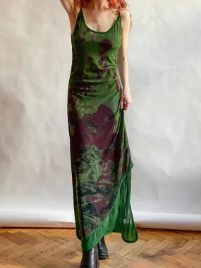 Asymmetrical Vintage Strap Green Print Floral Maxi Dress Fairycore Grunge Beach Sundress Sexy Long Dresses for Women