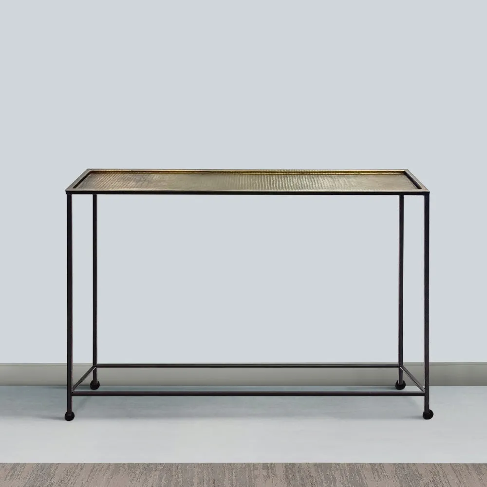 Aurelia 48 Inch Console Sofa Table, Artisanal Hammered Antique Bronze Tray Top, Industrial Black Iron Frame By The Urban Port