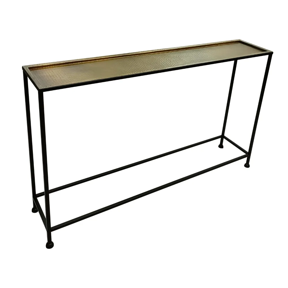 Aurelia 48 Inch Console Sofa Table, Artisanal Hammered Antique Bronze Tray Top, Industrial Black Iron Frame By The Urban Port