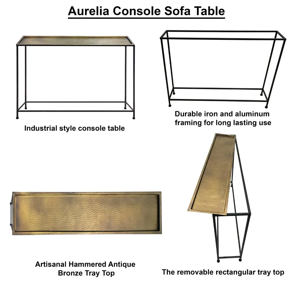 Aurelia 48 Inch Console Sofa Table, Artisanal Hammered Antique Bronze Tray Top, Industrial Black Iron Frame By The Urban Port