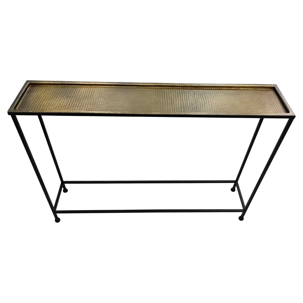 Aurelia 48 Inch Console Sofa Table, Artisanal Hammered Antique Bronze Tray Top, Industrial Black Iron Frame By The Urban Port