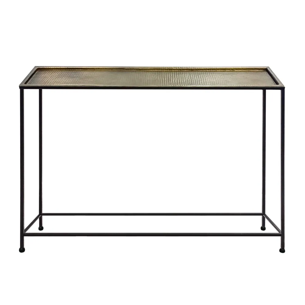 Aurelia 48 Inch Console Sofa Table, Artisanal Hammered Antique Bronze Tray Top, Industrial Black Iron Frame By The Urban Port