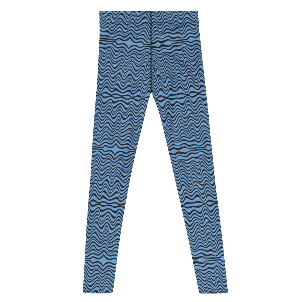 Blue Wave Print Men's Leggings, Abstract Curves Meggings Compression Tights-Made in USA/EU/MX