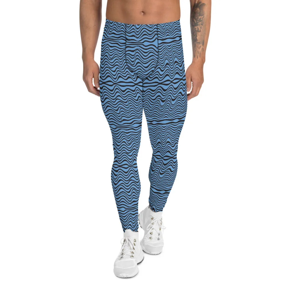Blue Wave Print Men's Leggings, Abstract Curves Meggings Compression Tights-Made in USA/EU/MX