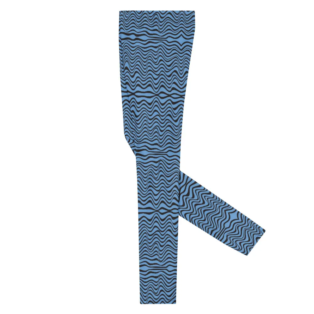 Blue Wave Print Men's Leggings, Abstract Curves Meggings Compression Tights-Made in USA/EU/MX