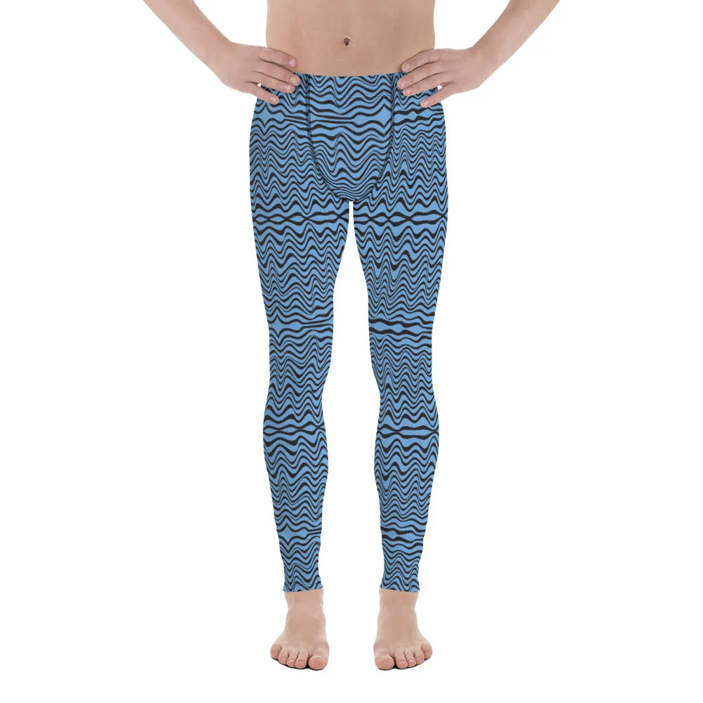 Blue Wave Print Men's Leggings, Abstract Curves Meggings Compression Tights-Made in USA/EU/MX