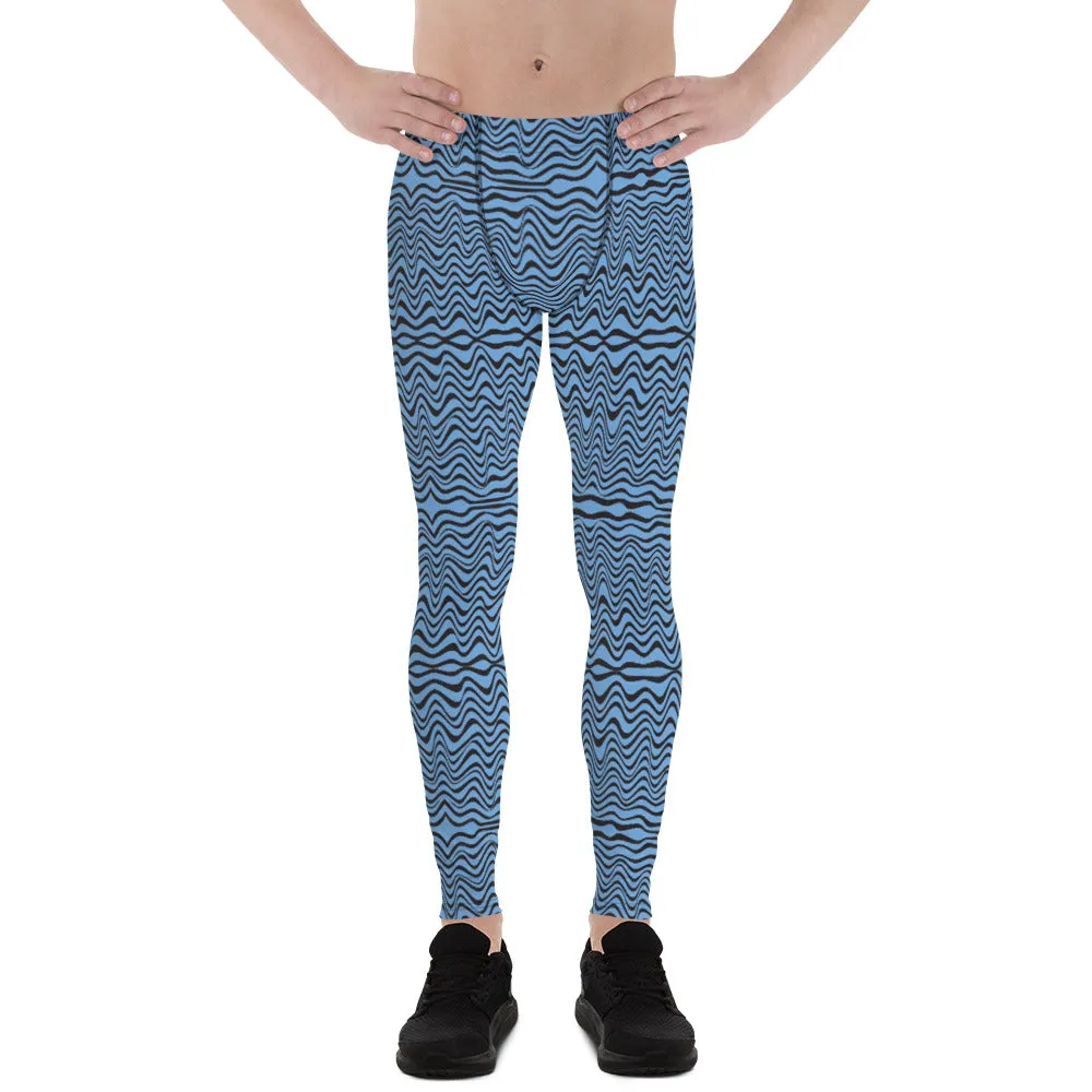 Blue Wave Print Men's Leggings, Abstract Curves Meggings Compression Tights-Made in USA/EU/MX