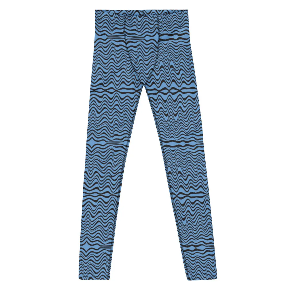 Blue Wave Print Men's Leggings, Abstract Curves Meggings Compression Tights-Made in USA/EU/MX