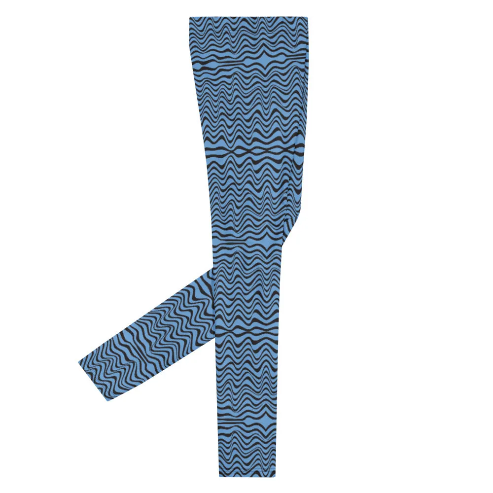 Blue Wave Print Men's Leggings, Abstract Curves Meggings Compression Tights-Made in USA/EU/MX