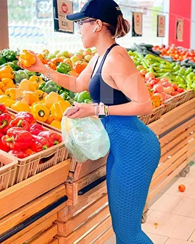 FITTOO Women's High Waist Yoga Pants Tummy Control Scrunched Booty Capri Leggings Workout Running Butt Lift Textured Tights Blue