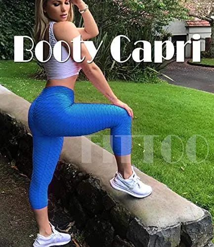 FITTOO Women's High Waist Yoga Pants Tummy Control Scrunched Booty Capri Leggings Workout Running Butt Lift Textured Tights Blue