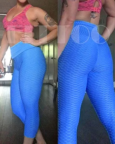 FITTOO Women's High Waist Yoga Pants Tummy Control Scrunched Booty Capri Leggings Workout Running Butt Lift Textured Tights Blue