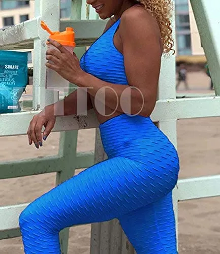FITTOO Women's High Waist Yoga Pants Tummy Control Scrunched Booty Capri Leggings Workout Running Butt Lift Textured Tights Blue