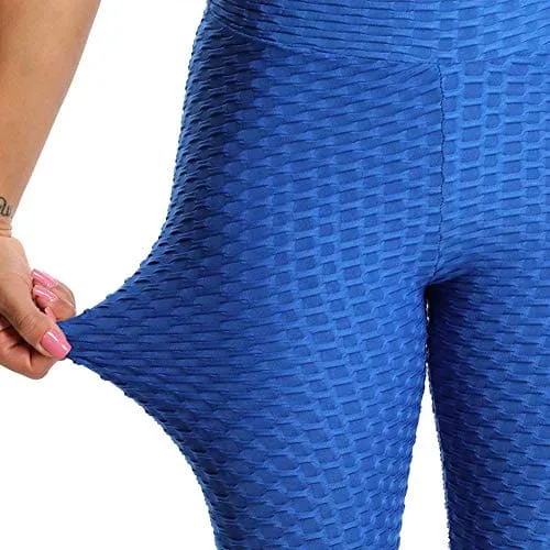 FITTOO Women's High Waist Yoga Pants Tummy Control Scrunched Booty Capri Leggings Workout Running Butt Lift Textured Tights Blue