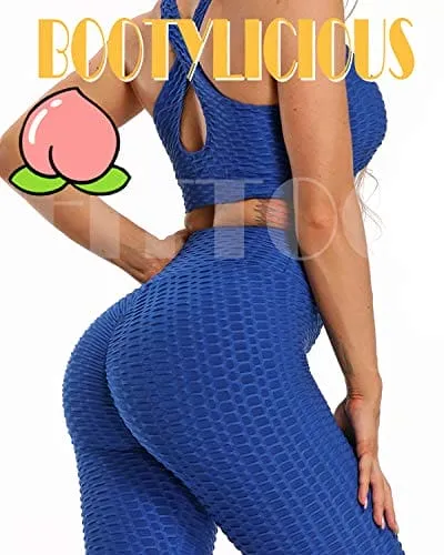 FITTOO Women's High Waist Yoga Pants Tummy Control Scrunched Booty Leggings Workout Running Butt Lift Textured Tights Peach Butt Blue
