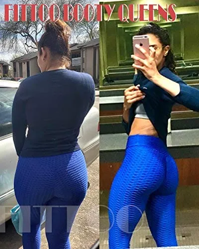 FITTOO Women's High Waist Yoga Pants Tummy Control Scrunched Booty Leggings Workout Running Butt Lift Textured Tights Peach Butt Blue