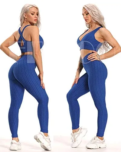 FITTOO Women's High Waist Yoga Pants Tummy Control Scrunched Booty Leggings Workout Running Butt Lift Textured Tights Peach Butt Blue