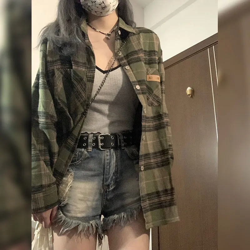 Girlary-shop grunge outfits Retro Green Plaid Shirt Coat for Women Spring and Autumn 2024 New Small Loose Slimming Shirt Top