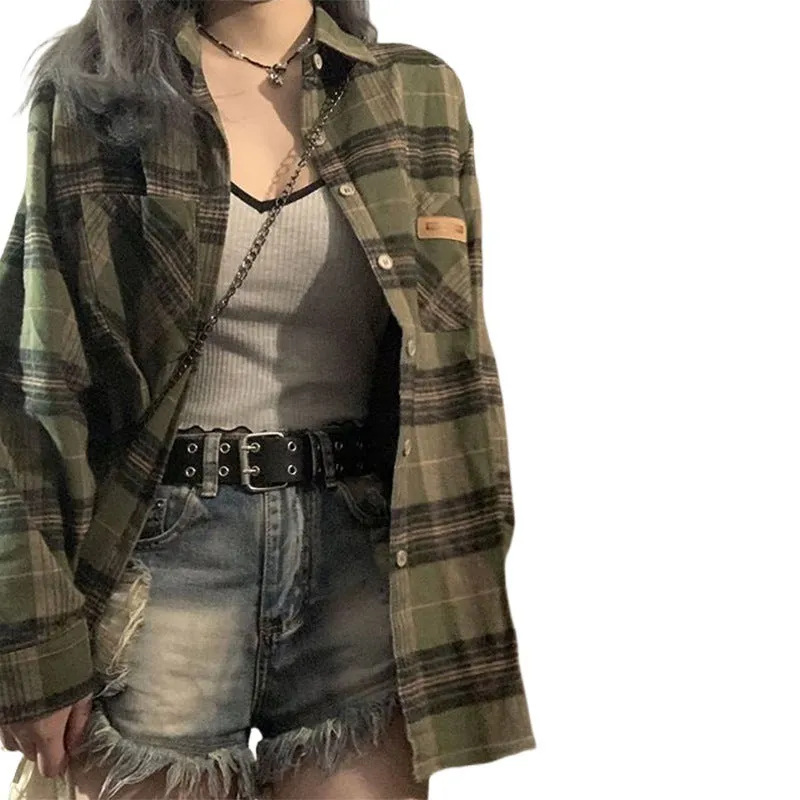Girlary-shop grunge outfits Retro Green Plaid Shirt Coat for Women Spring and Autumn 2024 New Small Loose Slimming Shirt Top