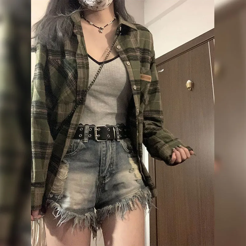 Girlary-shop grunge outfits Retro Green Plaid Shirt Coat for Women Spring and Autumn 2024 New Small Loose Slimming Shirt Top
