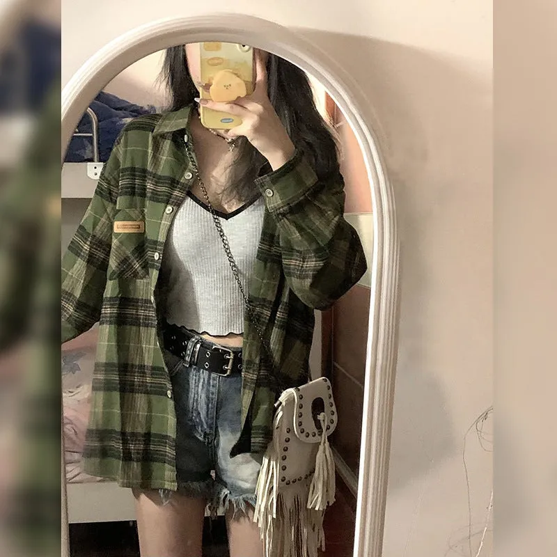 Girlary-shop grunge outfits Retro Green Plaid Shirt Coat for Women Spring and Autumn 2024 New Small Loose Slimming Shirt Top