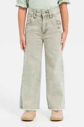 Girls Green Plain Wide Leg Jeans