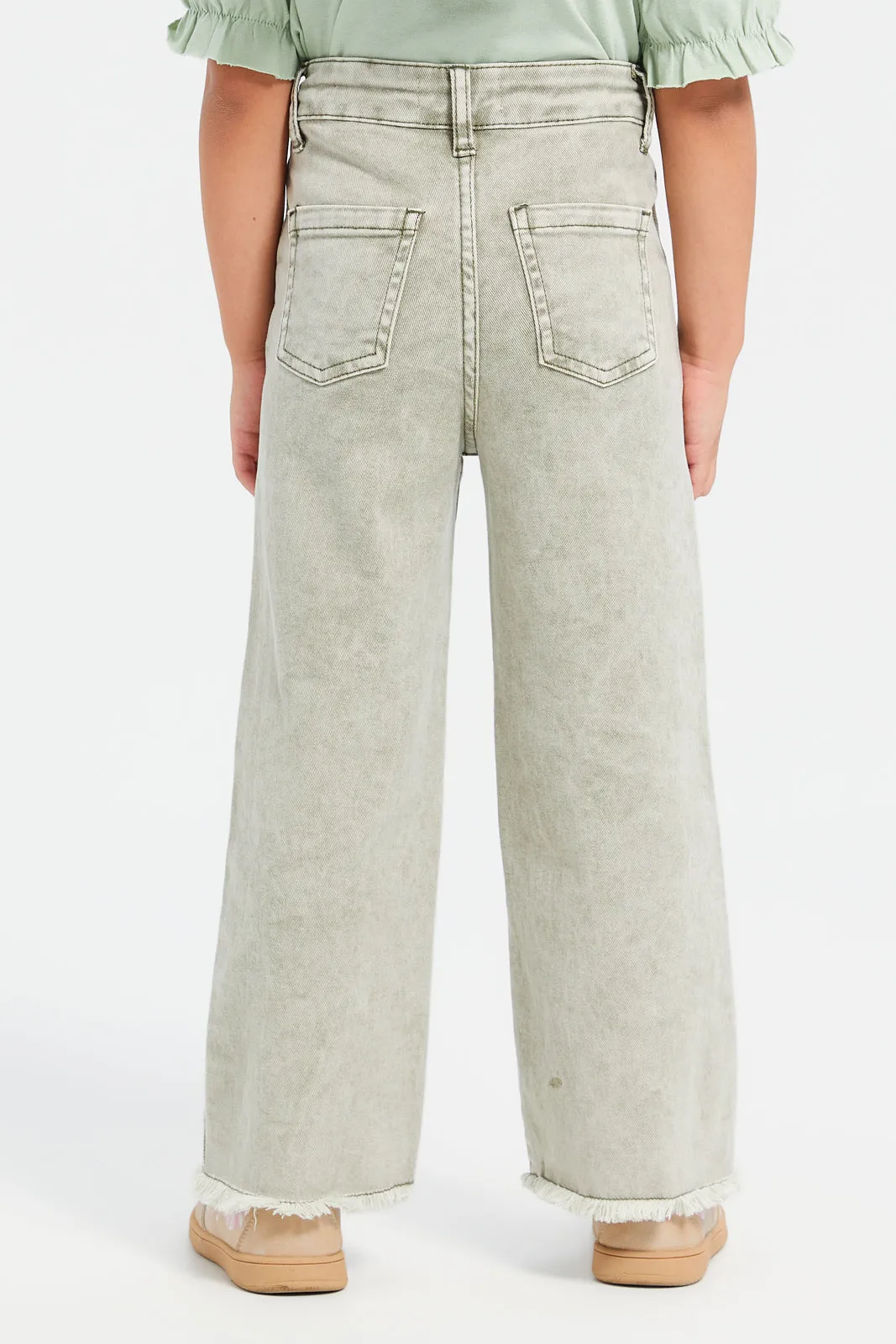 Girls Green Plain Wide Leg Jeans