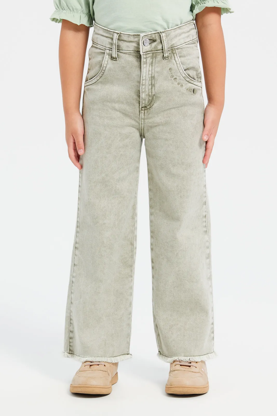Girls Green Plain Wide Leg Jeans