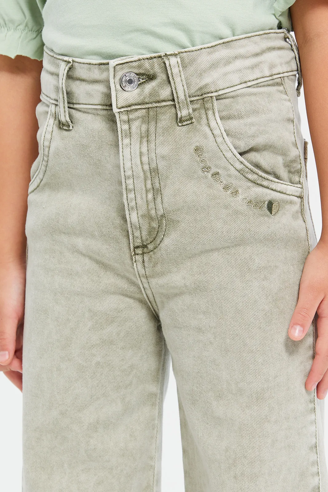 Girls Green Plain Wide Leg Jeans