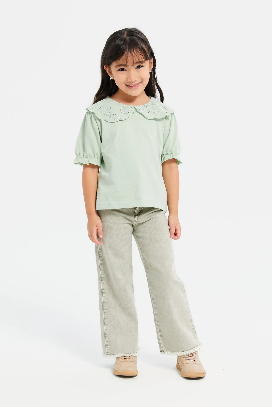 Girls Green Plain Wide Leg Jeans