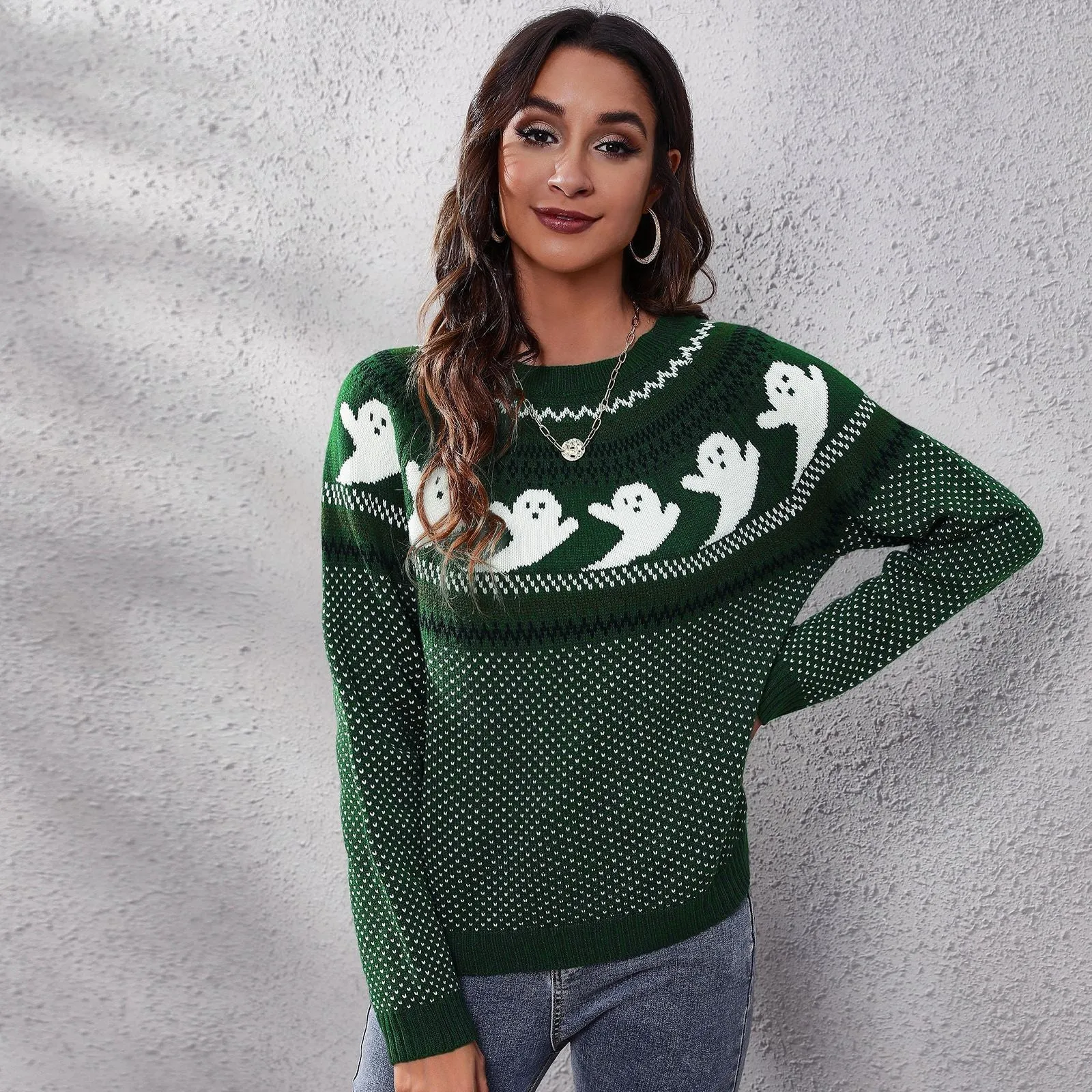 Halloween Ghost Vintage Polka Dot Long Sleeve Knitted Sweater Women's Loose Wear