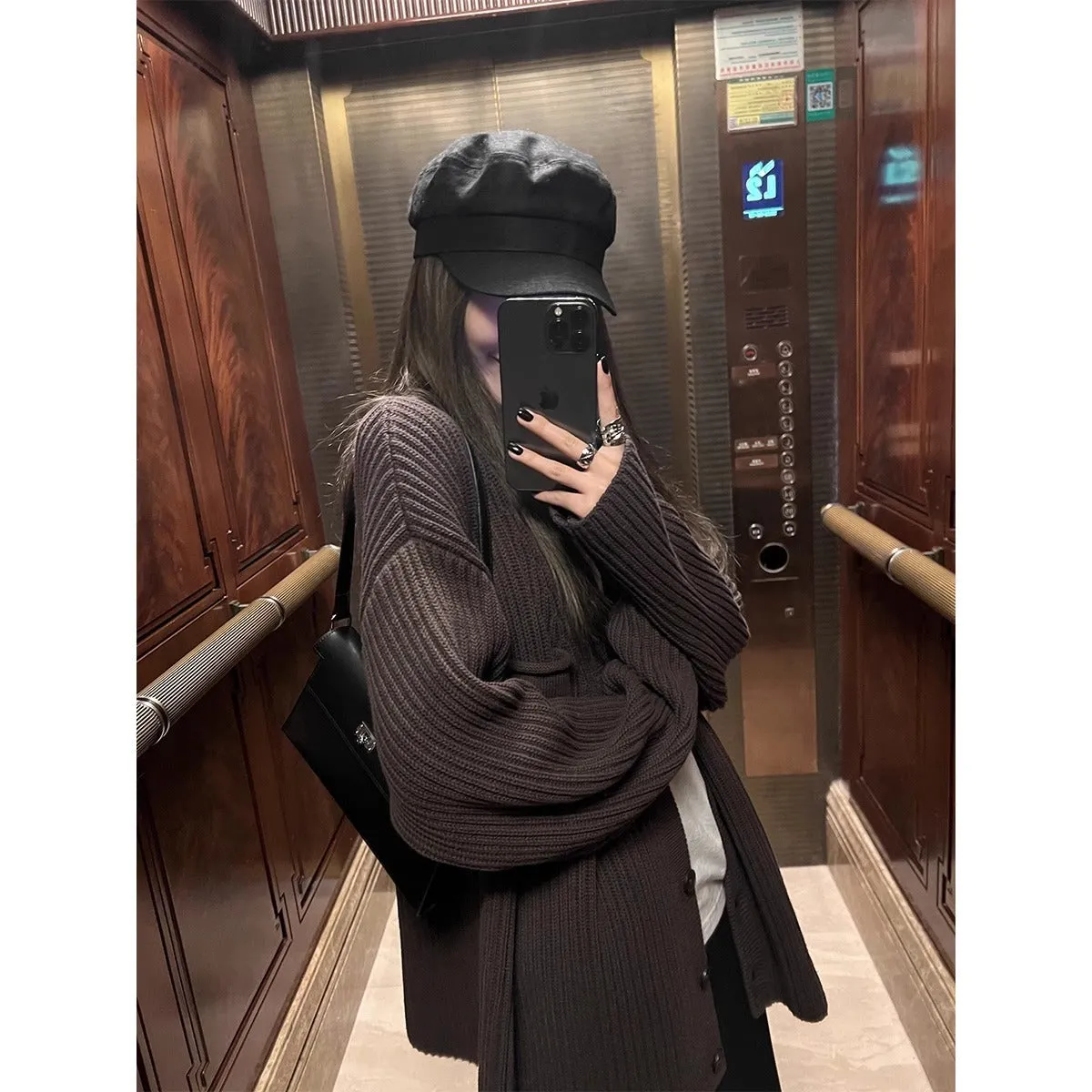Lanfubeisi grunge outfits Chocolate Maillard Lazy Hanging Fashion Trendy Sweater Coat Women's Thickened Loose Knitted Cardigan Autumn and Winter