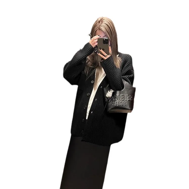 Lanfubeisi grunge outfits Chocolate Maillard Lazy Hanging Fashion Trendy Sweater Coat Women's Thickened Loose Knitted Cardigan Autumn and Winter