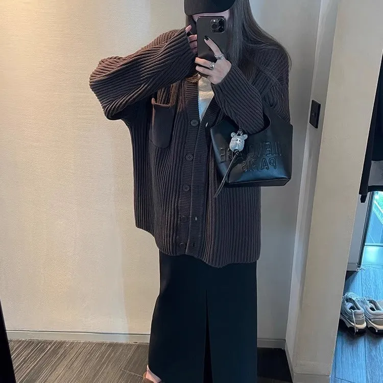 Lanfubeisi grunge outfits Chocolate Maillard Lazy Hanging Fashion Trendy Sweater Coat Women's Thickened Loose Knitted Cardigan Autumn and Winter