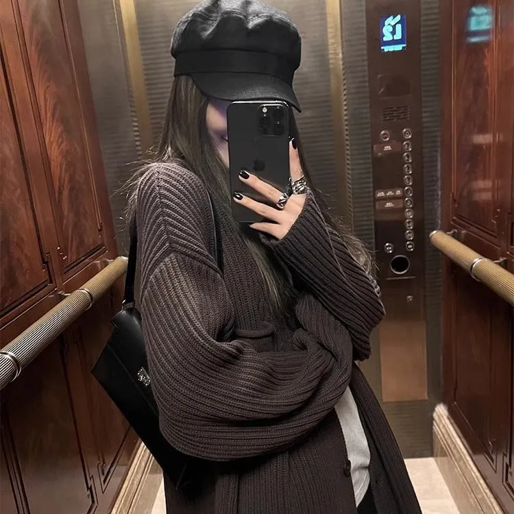 Lanfubeisi grunge outfits Chocolate Maillard Lazy Hanging Fashion Trendy Sweater Coat Women's Thickened Loose Knitted Cardigan Autumn and Winter