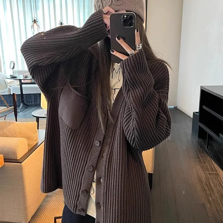 Lanfubeisi grunge outfits Chocolate Maillard Lazy Hanging Fashion Trendy Sweater Coat Women's Thickened Loose Knitted Cardigan Autumn and Winter