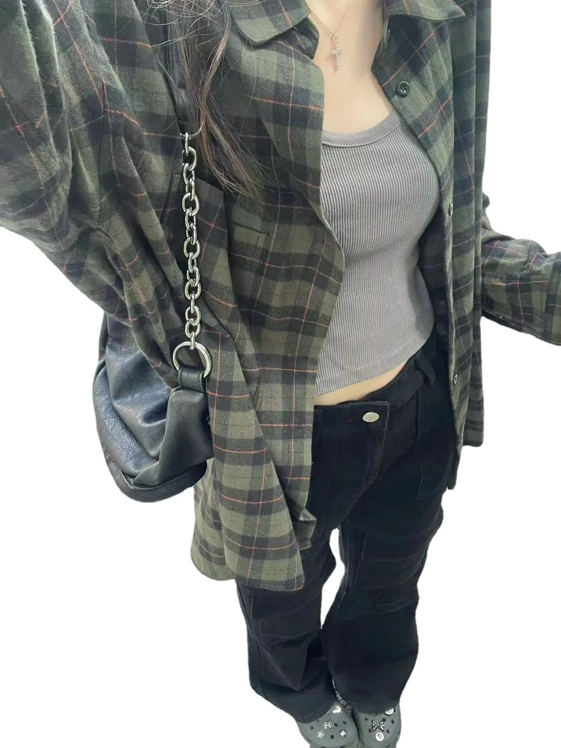 Lanfubeisi grunge outfits Retro Chic Green Plaid Shirt Women's Autumn and Winter Loose Lazy Style Mid-Length Shirt Coat Cardigan Outer Wear