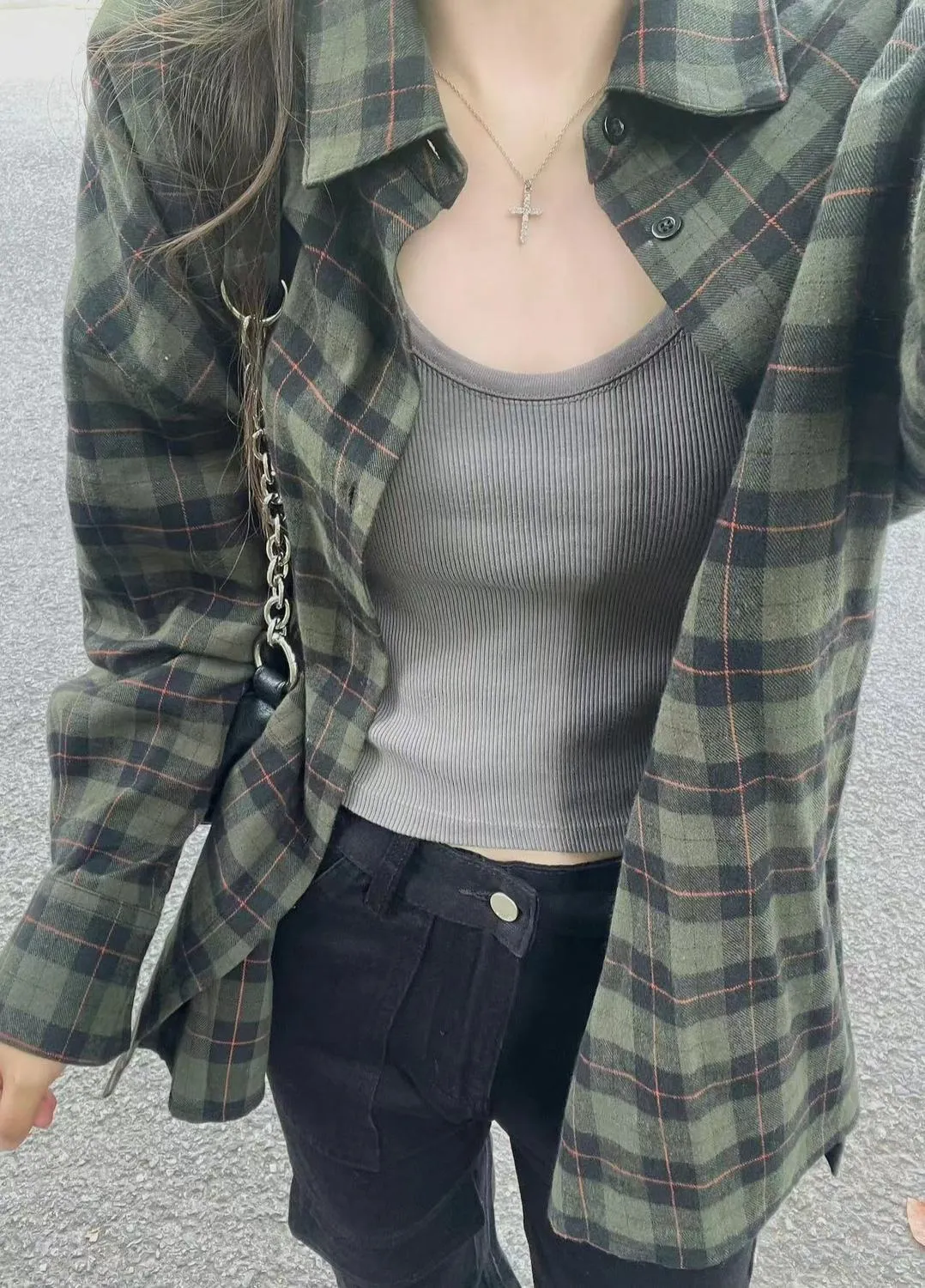 Lanfubeisi grunge outfits Retro Chic Green Plaid Shirt Women's Autumn and Winter Loose Lazy Style Mid-Length Shirt Coat Cardigan Outer Wear