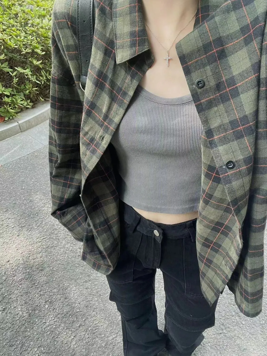 Lanfubeisi grunge outfits Retro Chic Green Plaid Shirt Women's Autumn and Winter Loose Lazy Style Mid-Length Shirt Coat Cardigan Outer Wear