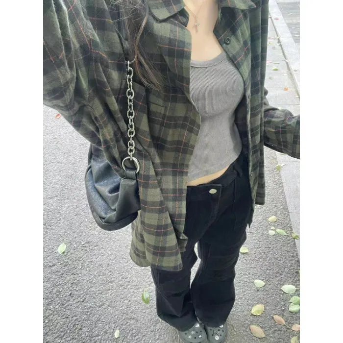 Lanfubeisi grunge outfits Retro Chic Green Plaid Shirt Women's Autumn and Winter Loose Lazy Style Mid-Length Shirt Coat Cardigan Outer Wear