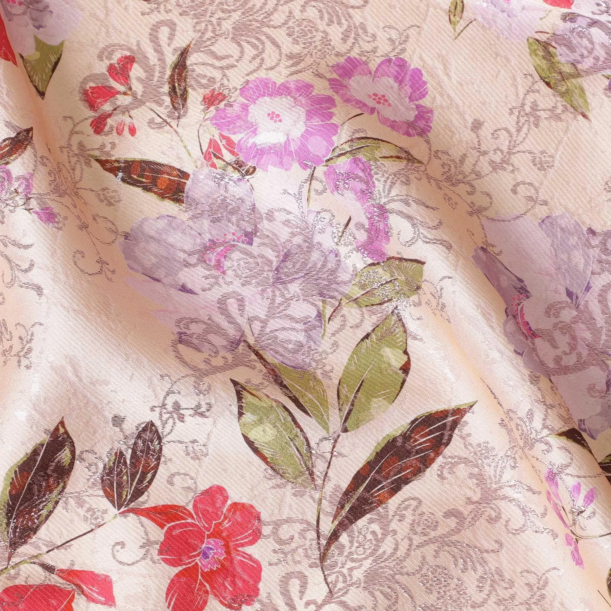 Light pink premium pure silk satin fabric with multicolor print having rose pink film metallic in floral design-D9418