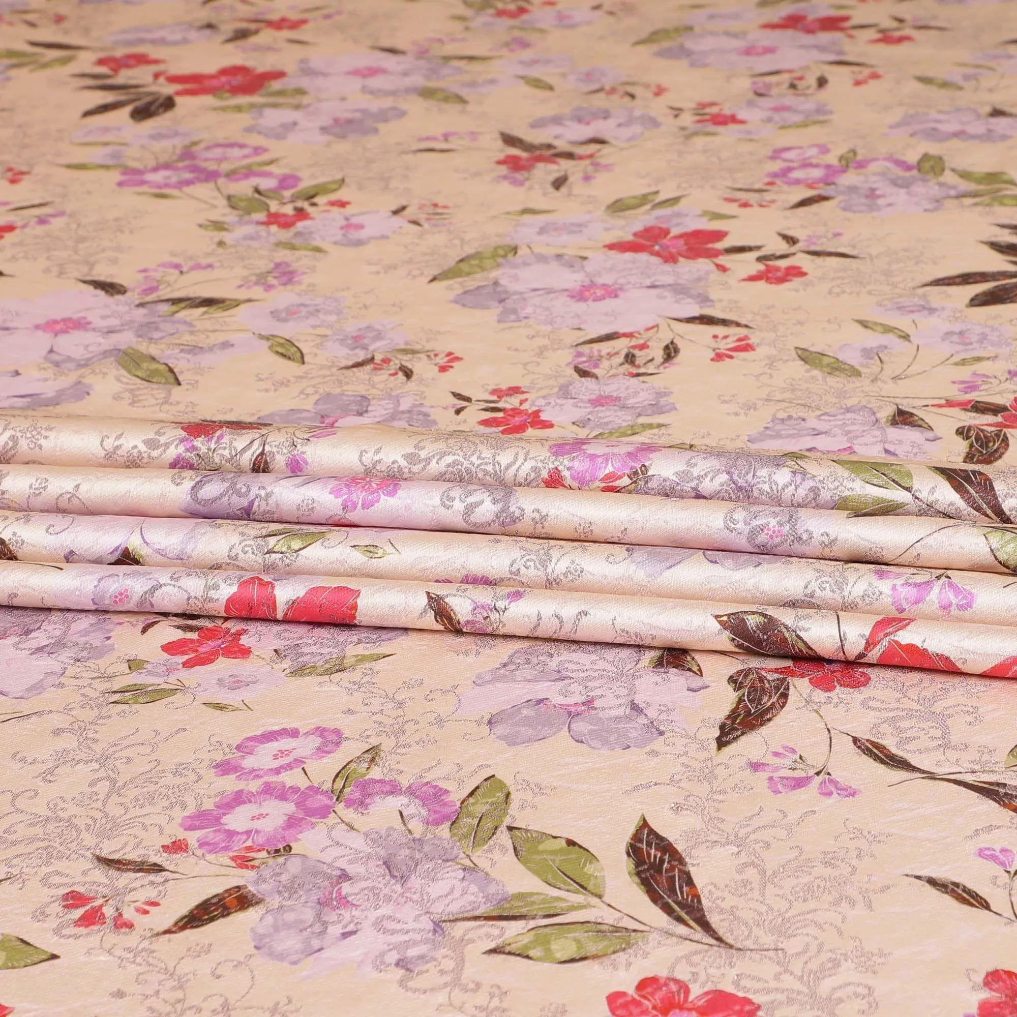 Light pink premium pure silk satin fabric with multicolor print having rose pink film metallic in floral design-D9418